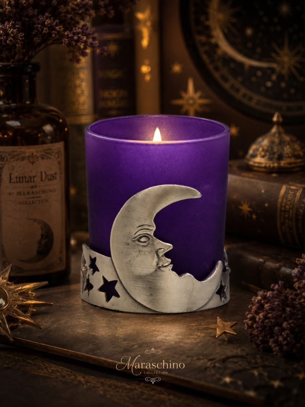Vintage Whimsigoth Moon Stars Candle Holder Purple Glass Celestial Gothic Witchy